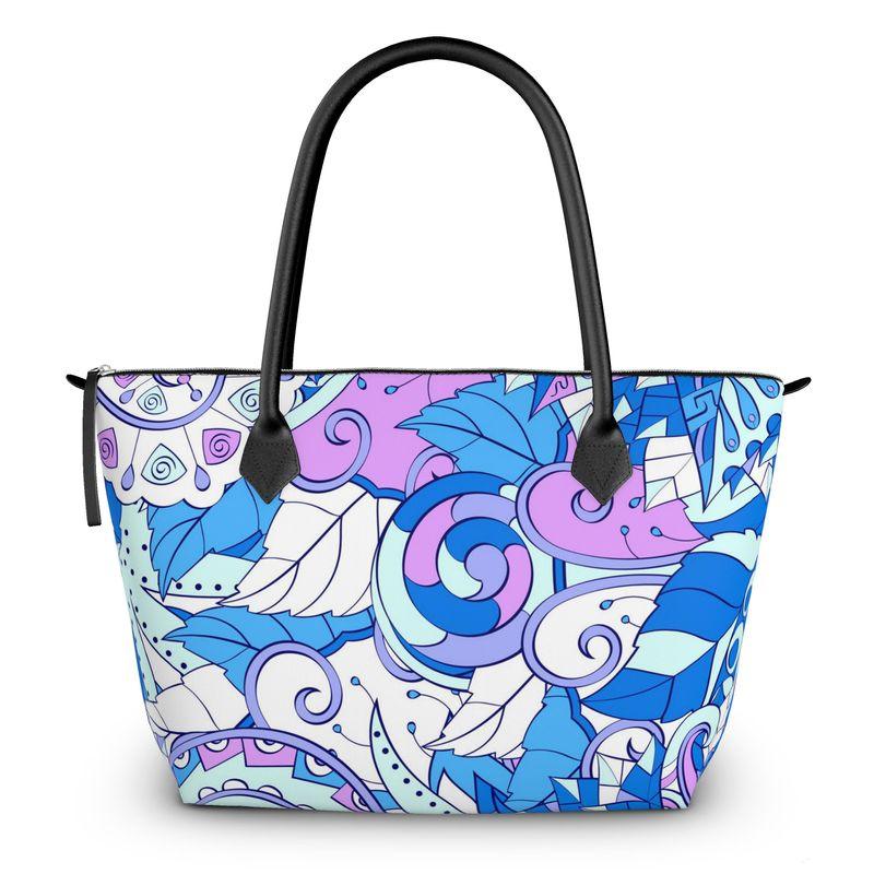 Imi Zip Top Large Satin Day Tote Bag - Abstract Paisley Print Psychedelic Retro Blue Violet Kaleidoscopic Wild Multicolor Tote Handbag Carry All