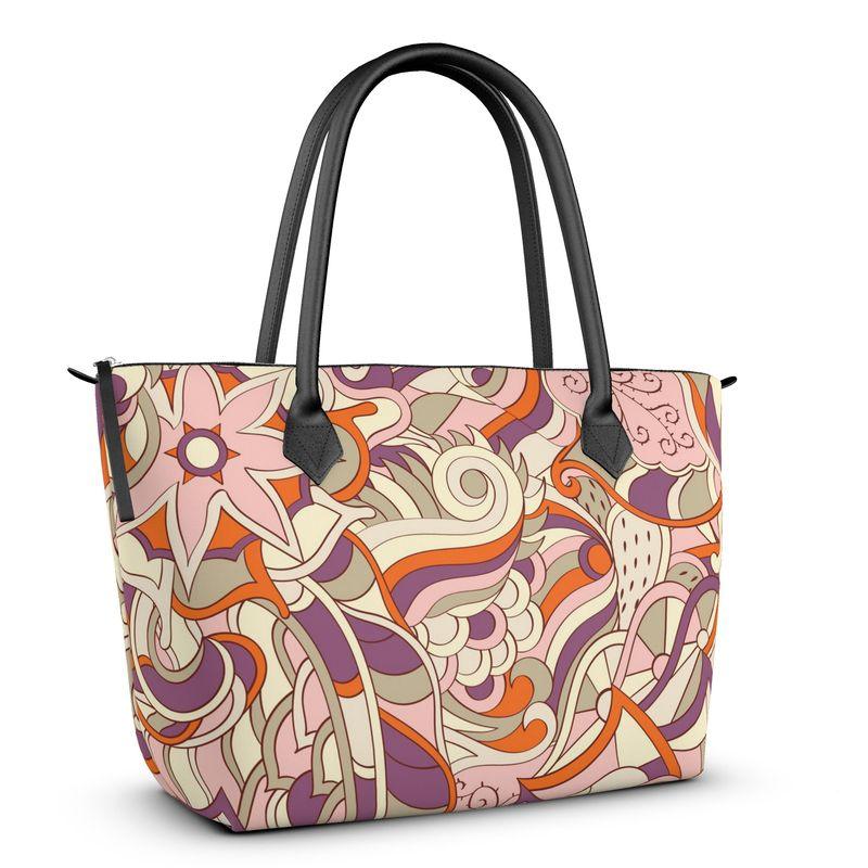 Zip Top Large Satin Day Tote Bag - Abstract Kaleidoscope Print Floral Paisley Retro Pink Violet Psychedelic Carry All Bag Vibrant Boho