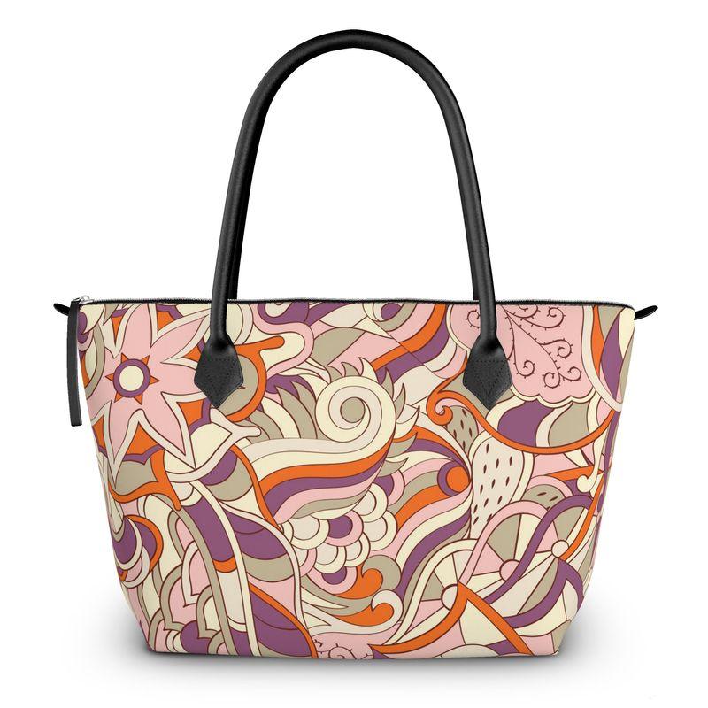 Zip Top Large Satin Day Tote Bag - Abstract Kaleidoscope Print Floral Paisley Retro Pink Violet Psychedelic Carry All Bag Vibrant Boho