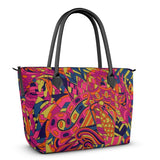 Lina Zip Top Large Satin Day Tote Bag - Abstract Kaleidoscope Print Multicolor Psychedelic Retro Pink Blue Carry All Bag