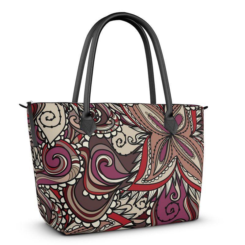 Unia Zip Top Large Satin Day Tote Bag - Abstract Paisley Floral Print Brown Red Psychedelic Swirls Retro Carry All Bag
