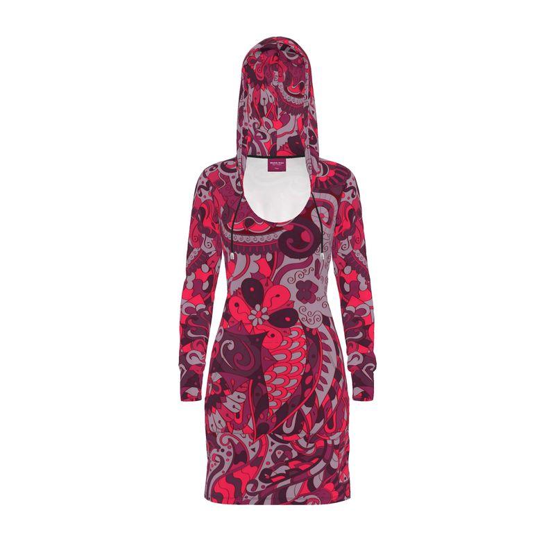 Pena Hoodie Pocket Dress - All Over Abstract Paisley Floral Print Flower Power Retro Red Violet Psychedelic Swirls