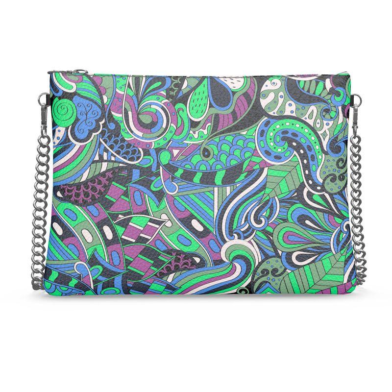 Nela Crossbody Leather Chain Bag -  Kaleidoscopic Boho Print Green Blue Psychedelic Retro Swirls - Textured Leather Smooth - Handmade England