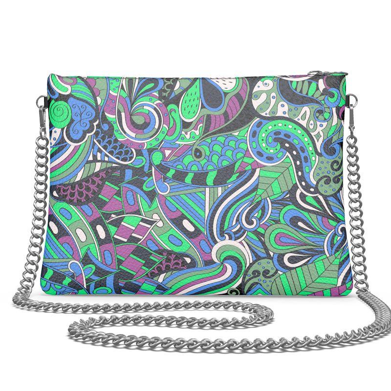 Nela Crossbody Leather Chain Bag - Kaleidoscopic Boho Print Green Blue Psychedelic Retro Swirls - Textured Leather Smooth - Handmade England