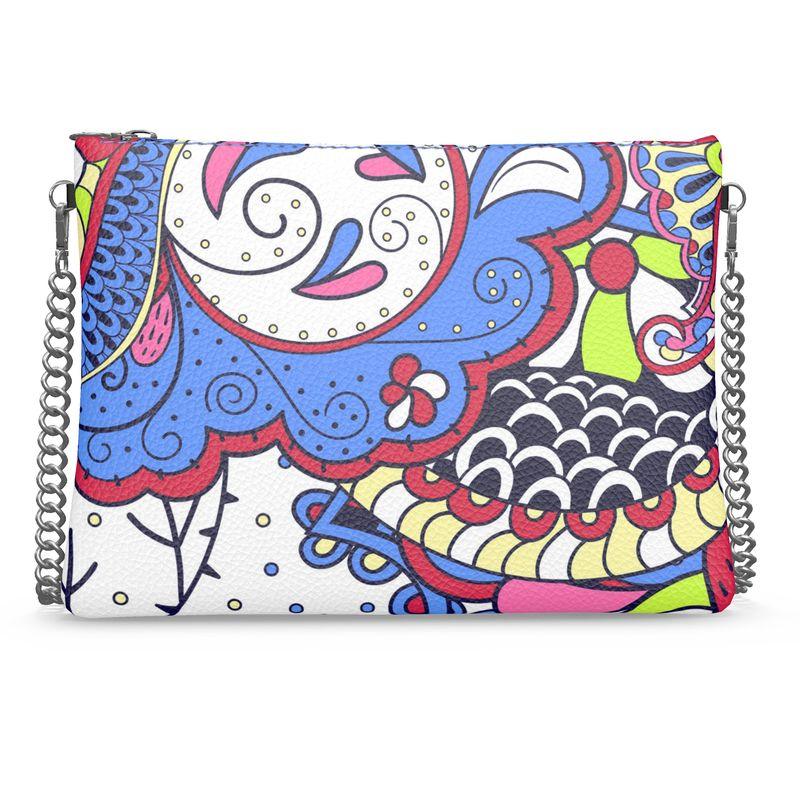 Sechia Retro Abstract Paisley Floral Print Crossbody Leather Chain Bag  Square Handmade in England Textured Leather 
