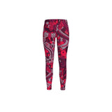 Pena LYCRA Mid-Rise Leggings - Abstract Paisley Floral Print Retro Red Dark Flower Power Swirls Plus Size Gym Workout Yoga Handmade in England