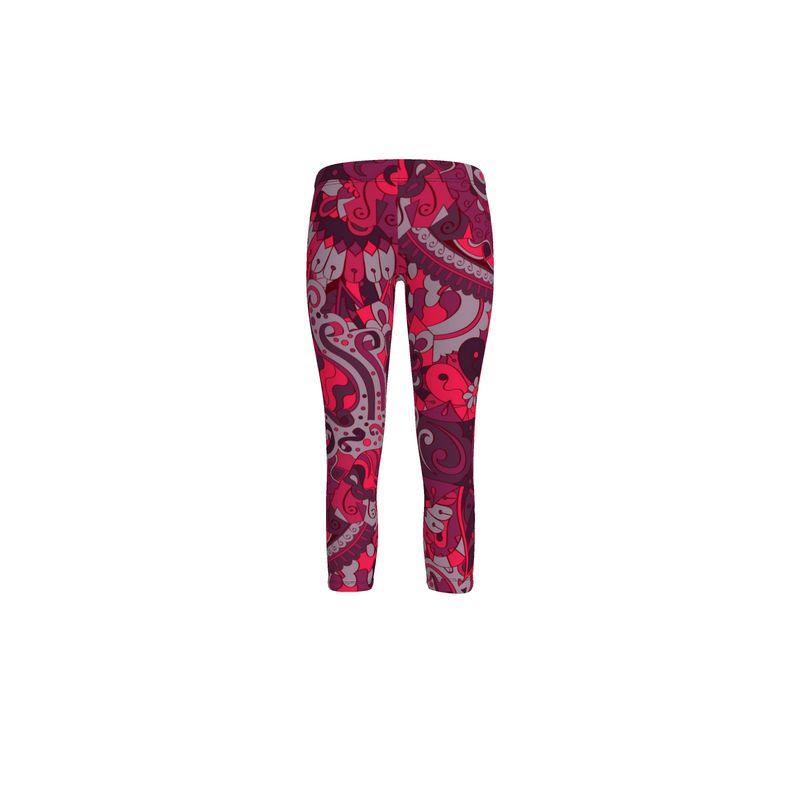 Pena LYCRA Capri Mid-Rise Leggings - Abstract Paisley Floral Print Retro Red Dark Flower Power Swirls Plus Size Gym Workout Yoga  Handmade in England