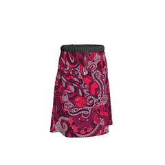 Pena Elastic Waist Tie Flare Midi Skirt - Dark Kaleidoscopic Paisley Floral - Abstract Retro Flower Power Plus Size - Handmade in England Crepe Muslin 