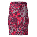 Pena Pencil Skirt - Abstract Paisley Floral Retro Kaleidoscope Print Dark Red Jersey Velour Handmade England 