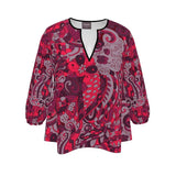 Pena Notched Neck 3/4 Sleeve Blouse - Kaleidoscopic Paisley Floral Print Retro Red Dark Flower Power Flowy Loose Fit Sweetheart neck Swirls Top Casual