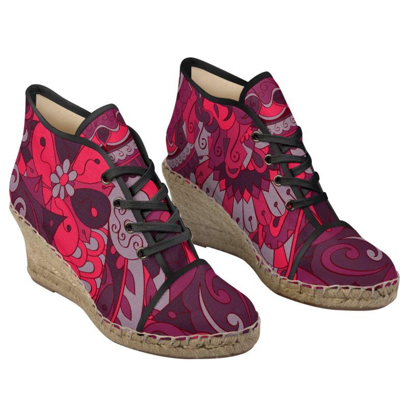 Pena Wedge Lace Espadrilles - Red Abstract Paisley Floral Print Natural Jute Non-Slip Handmade in England - Retro Fun Chic