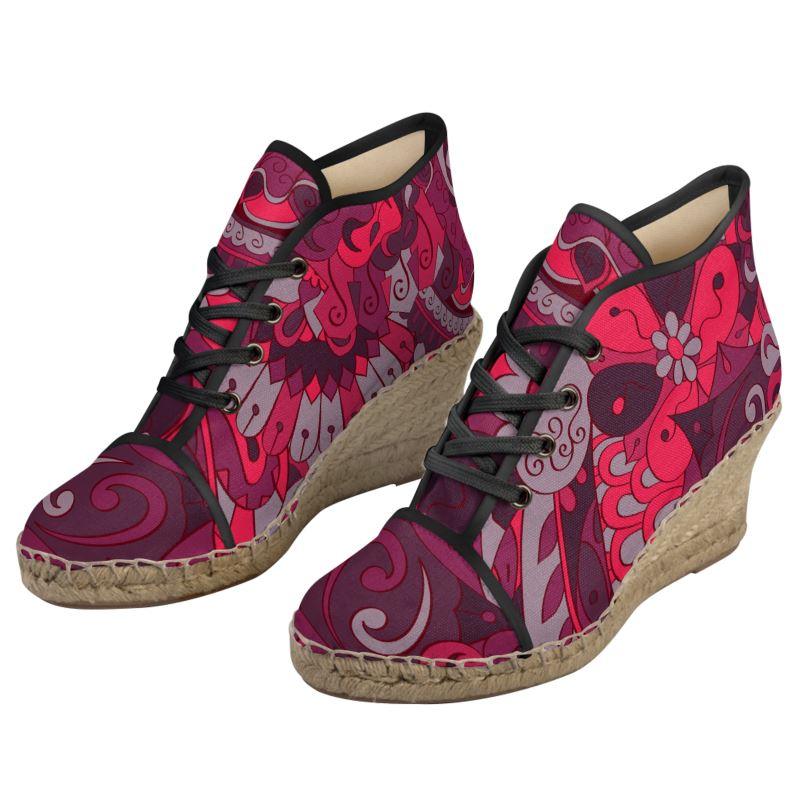 Pena Wedge Lace Espadrilles - Red Abstract Paisley Floral Print Natural Jute Non-Slip Handmade in England - Retro Fun Chic