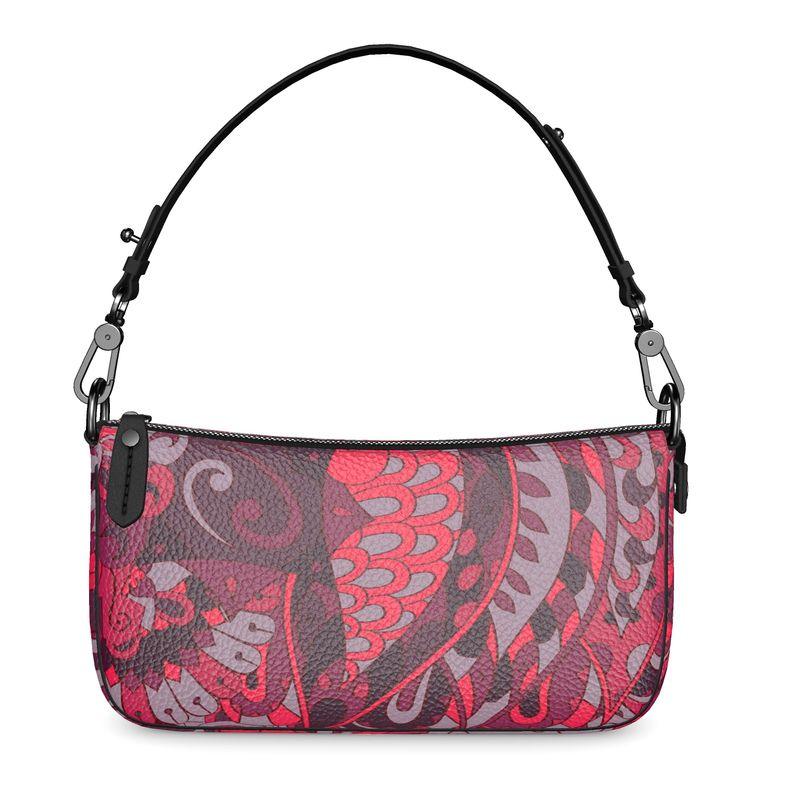 Pena Leather Baguette Bag - Boho Red Paisley Print Grab Strap Handbag Textured Leather Retro Flower Power Abstract Handmade in England