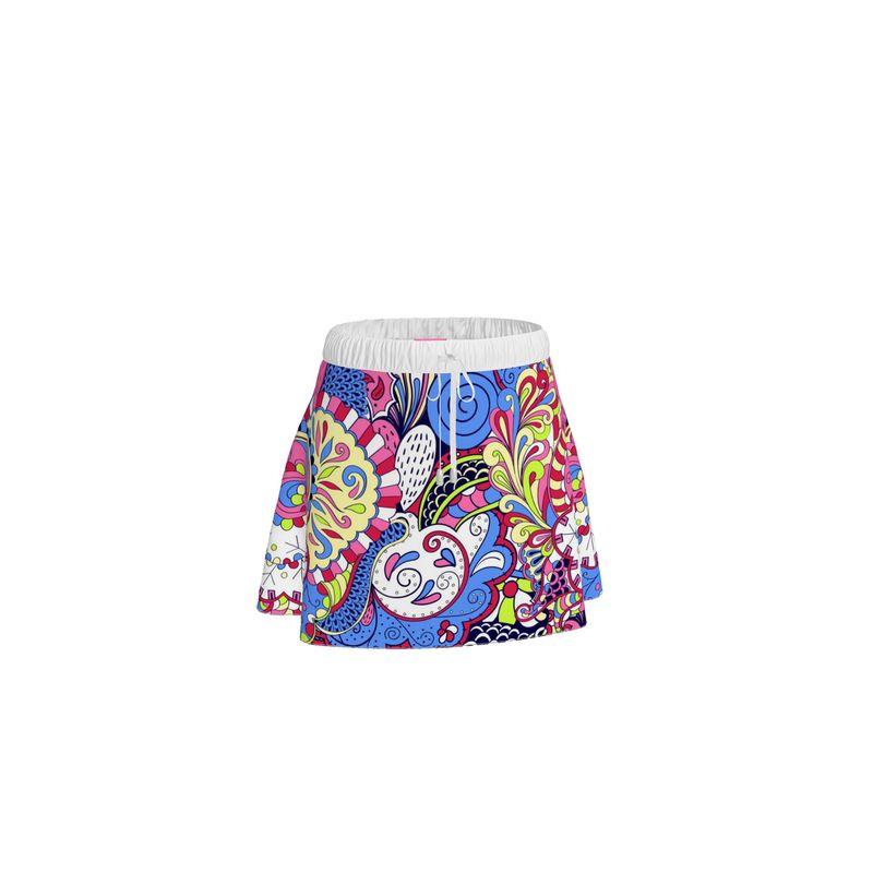 Sechia Elastic Waist Tie Mini Skirt - Soft Muslin or Crepe Vibrant Boho Paisley Floral Swirls Retro Psychedelic Flower Power Bold Multicolor - 2 layer Silky lining Handmade in England