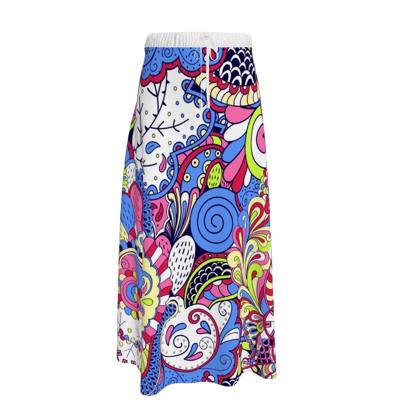 Sechia Elastic Waist Tie Maxi Skirt - Soft Muslin or Crepe Vibrant Paisley Retro Bold Flower Power large print Swirls Multicolor 2 layer lined silky Handmade in England Psychedelic