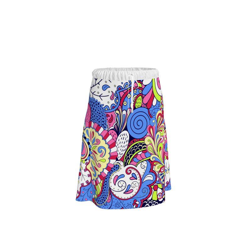 Sechia Elastic Waist Tie Midi Skirt - Soft Muslin or Crepe Vibrant Boho Paisley Psychedelic Retro Bold Multicolor Flower Power Swirls Floral 2 layer silky lining - Handmade in England
