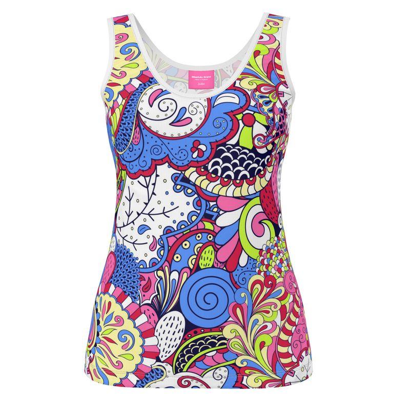 Sechia Women's Jersey Tank Top - Abstract Paisley Floral All Over Print - Retro Flower Power - Kaleidoscope Multicolor Activewear Coordinate Handmade in England