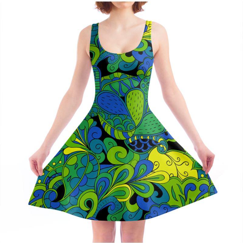 Gima Skater Dress - Abstract Floral - Jersey or Velour Green Floral - Made in England (XS,S,M,L,XL,2XL,3XL,4XL) | Blissfully Brand