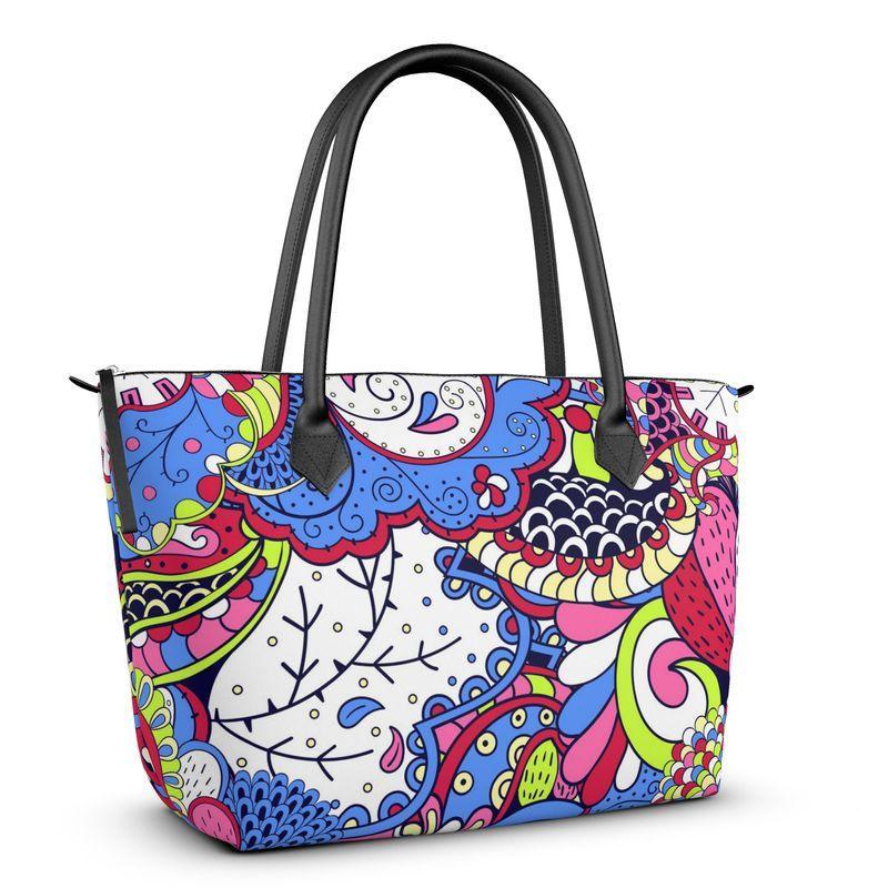 Sechia Large Zip Top Satin Tote - Vibrant Boho Paisley Print Retro Psychedelic Flower Power Swirls Bold Kaleidoscope All Over Print Handmade in England