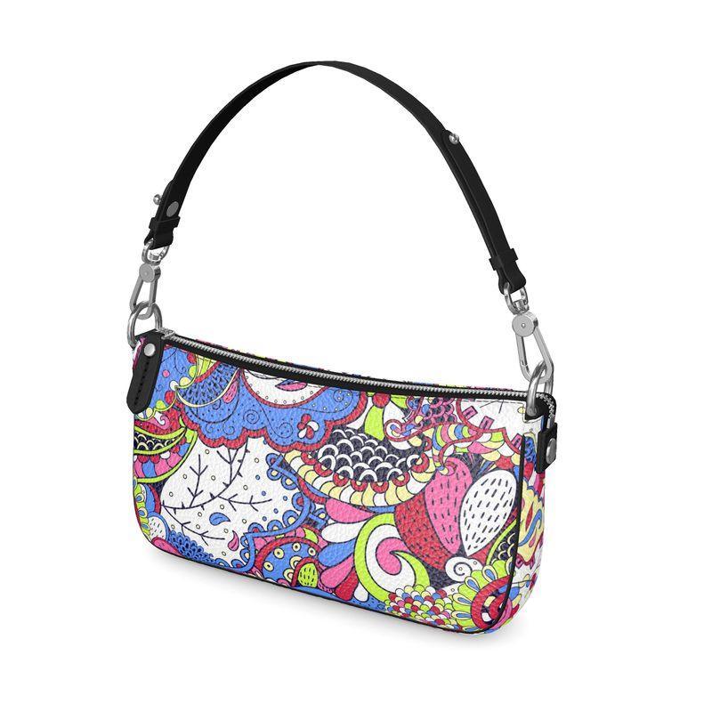 Sechia Leather Baguette Bag - Multicolor Boho Paisley Print Grab Handbag Retro Textured Leather Pink Blue Red Psychedelic Flower Power Handmade in England