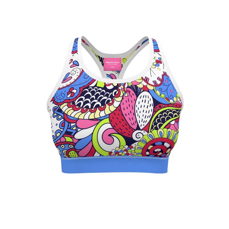 Sechia Flex Sports Bra - Vibrant Wild Paisley Floral Print Retro Psychedelic Multicolor Yoga Pilates Coordinate Top Handmade in England Women's Activewear