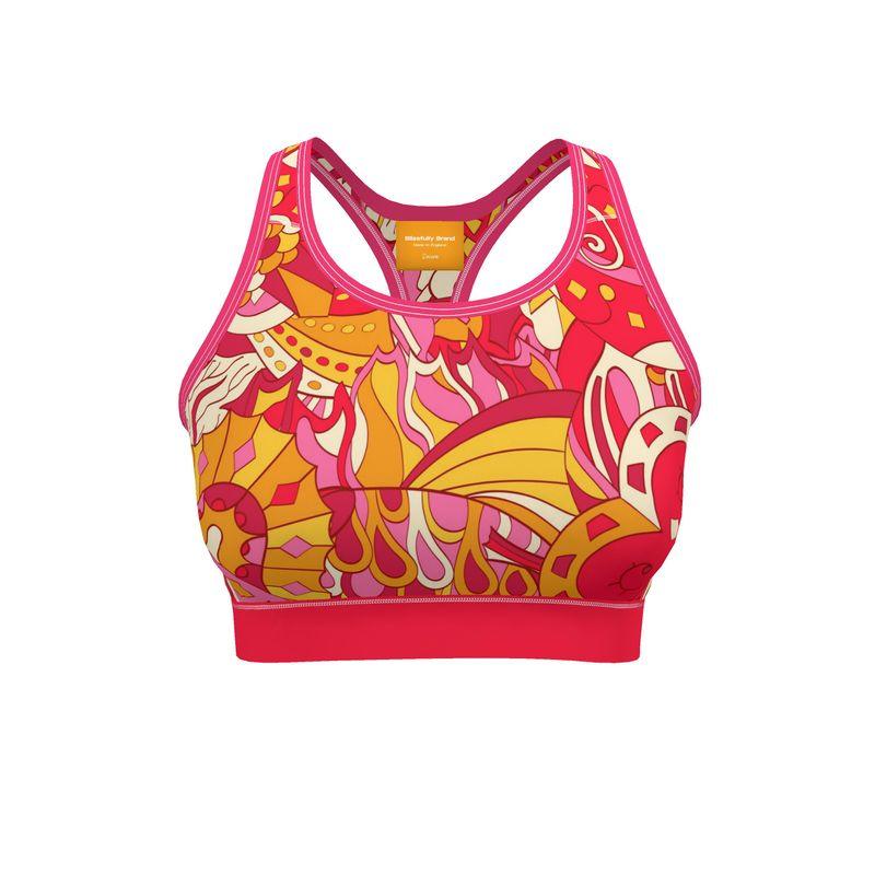 Decora Flex Sports Bra Red Orange Psychedelic Paisley - Activewear Retro Yoga Vibrant Bold Coordinate Compression Plus Size Abstract Print