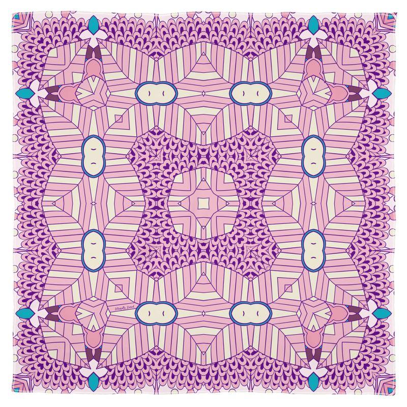 Antina X Square Scarf - Abstract Kaleidoscope Pink Purple Print Scales Blue Sinuous Lines Muslin Cotton Real Silk Handmade Baby Hem Retro