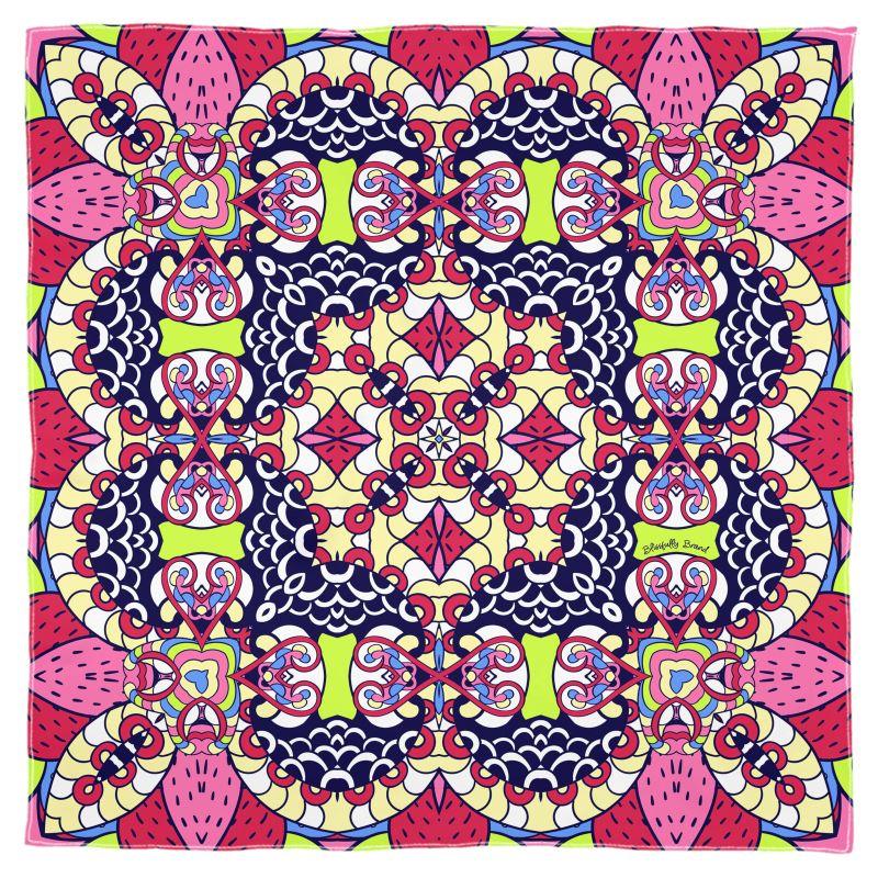 Sechia X Silk Square Scarf - Abstract Kaleidoscope Paisley Print Wild Bold Vibrant Retro Kaleidoscopic Blue Red Pink Muslin Cotton Made in England Headwear