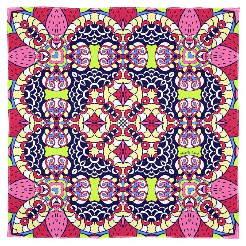 Sechia X Silk Square Scarf - Abstract Kaleidoscope Paisley Print Wild Bold Vibrant Retro Kaleidoscopic Blue Red Pink Muslin Cotton Made in England Headwear