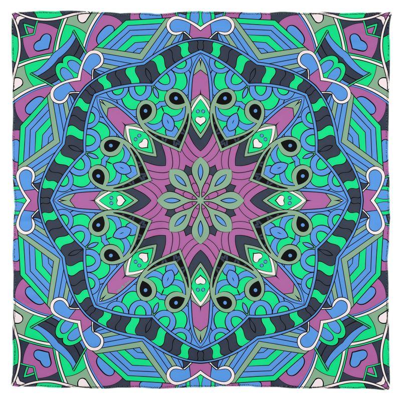 Nela X Silk Square Scarf - Abstract Kaleidoscope Print Psychedelic Sinuous Lines Mehndi Green Violet Blue Retro Wild Pattern Muslin Cotton Real Silk 