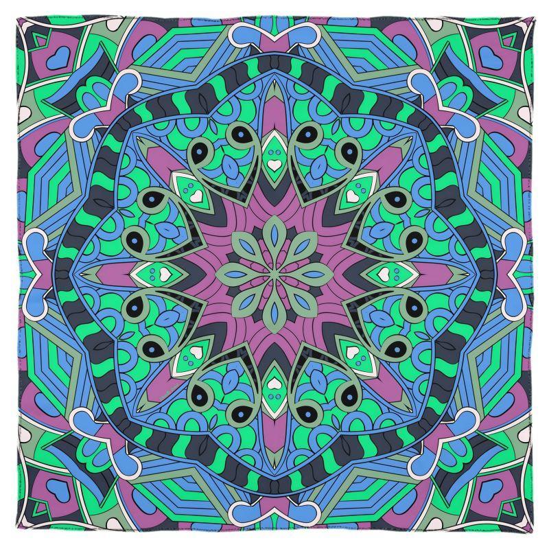 Nela X Silk Square Scarf - Abstract Kaleidoscope Print Psychedelic Sinuous Lines Mehndi Green Violet Blue Retro Wild Pattern Muslin Cotton Real Silk 