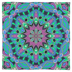 Nela X Silk Square Scarf - Abstract Kaleidoscope Print Psychedelic Sinuous Lines Mehndi Green Violet Blue Retro Wild Pattern Muslin Cotton Real Silk 