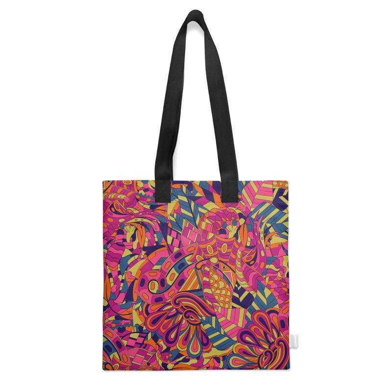 Lina Large Square Tote - Kaleidoscope Print - Organic Cotton Canvas, Neoprene, Scuba Knit, Shimmer Velvet, Carry All, Abstract Print, Retro, Funky, Bold, Boho, Multicolor, Orange, Green, Red, Blue