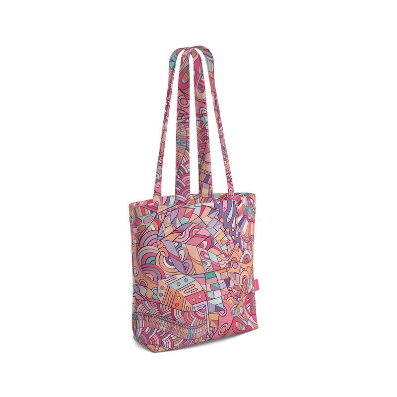 Baiu Everyday Large Cotton Tote - Pink Orange Geometric Print Purple Abstract Vibrant Bold Multicolor Shoulder Bag Handmade Durable Gusset Retro Kaleidoscope Swirls Tangle