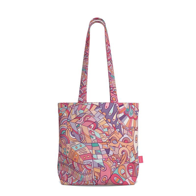 Baiu Everyday Large Cotton Tote - Pink Orange Geometric Print Purple Abstract Vibrant Bold Multicolor Shoulder Bag Handmade Durable Gusset Retro Kaleidoscope Swirls Tangle