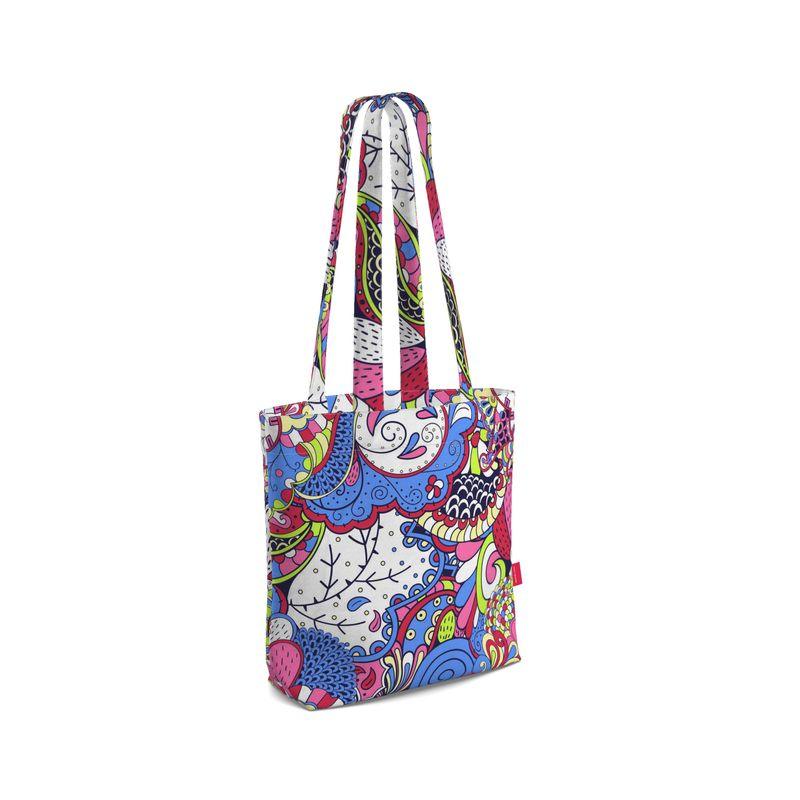 Sechia Everyday Large Cotton Tote - Psychedelic Paisley Pattern Retro Bold Vibrant Gusset Bag All Over Print Blue Green Pink Funky Wild Flower Power Swirls Scales Zen Floral