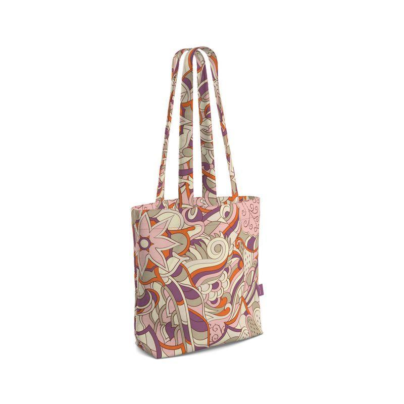 Amai Everyday Large Cotton Tote - Pink Violet Abstract Paisley With Gusset Orange Handmade Durable Bold Vibrant Retro Kaleidoscope Swirls Funky Chic