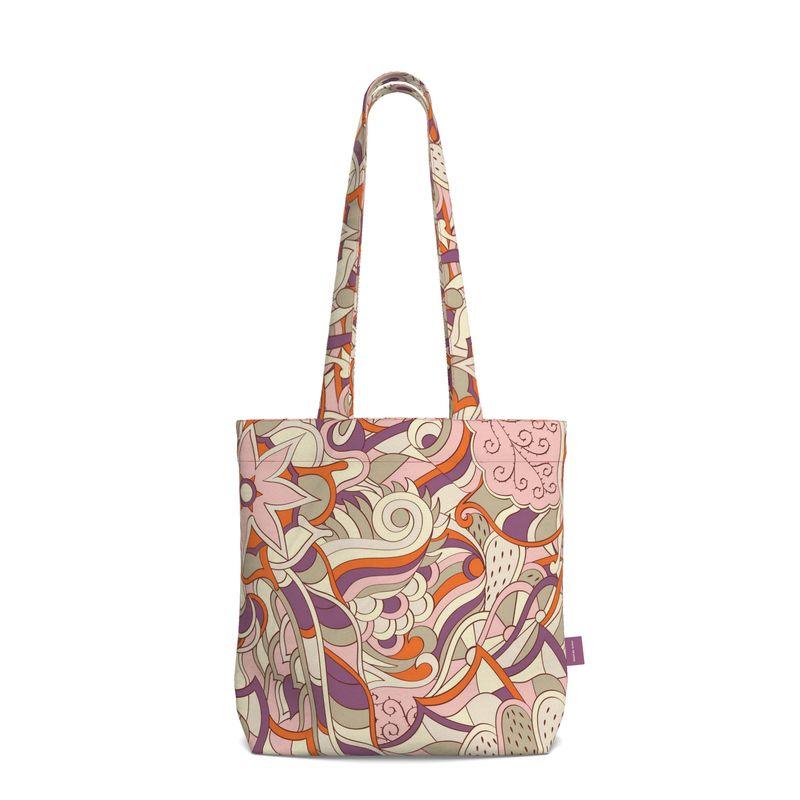 Amai Everyday Large Cotton Tote - Pink Violet Abstract Paisley With Gusset Orange Handmade Durable Bold Vibrant Retro Kaleidoscope Swirls Funky Chic