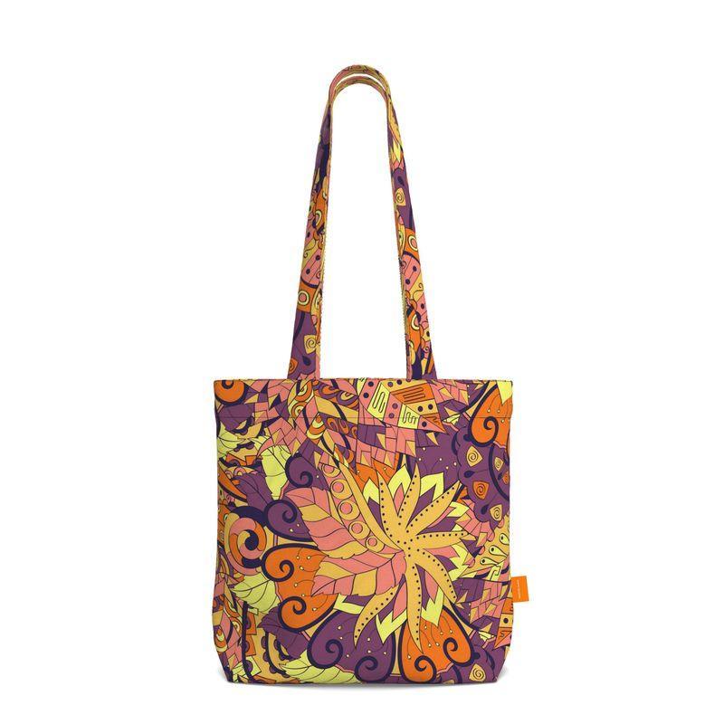 Aki Everyday Large Cotton Tote - Abstract Psychedelic Paisley Print Yellow Orange Brown Wild Bold Vibrant 70's Swirls Floral Sinuous Lines Tangle Shopper Bag Handmade Bespoke 