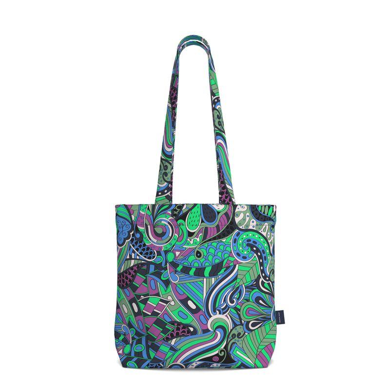 Nela Everyday Large Cotton Tote - Abstract Tangle Print in Green Violet Blue Retro Psychedelic Swirls Sinuous Lines Doodle Geometric Bold Vibrant Shopper Bag Handmade Bespoke Shoulder  