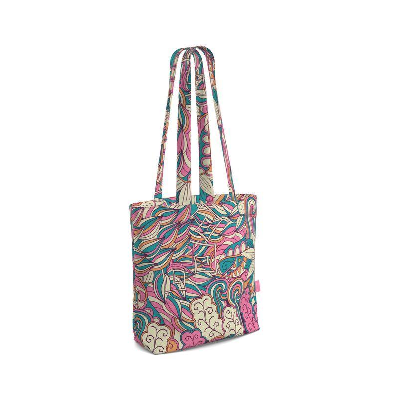 Arane Everyday Large Cotton Tote - Abstract Paisley Floral Shopper Retro Tangle Mehndi Kaleidoscope Pink Green Funky Bold Vibrant Handmade Bag Bespoke