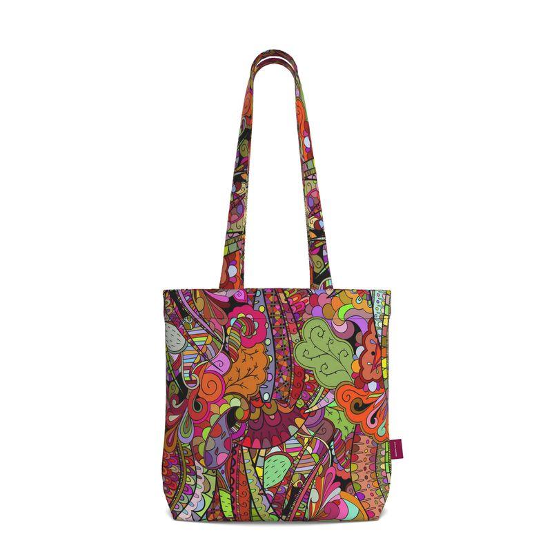 Betsu Everyday Large Cotton Tote - Multicolor Psychedelic Paisley Wild Retro Funky Boho Floral Swirls Pink Orange Green Tangle Abstract Zen 70's Handmade Shoulder Bag Hippie Flower Power