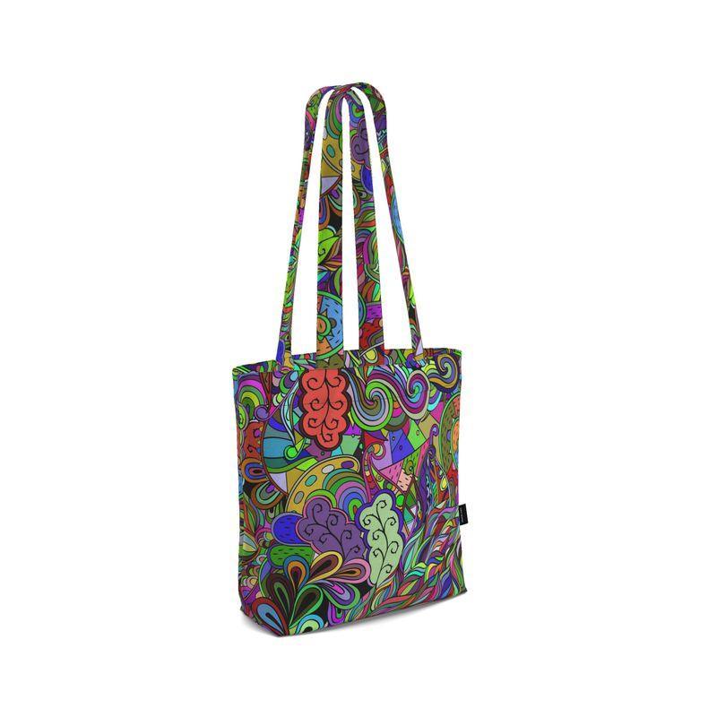 Eranas Everyday Large Cotton Tote - Multicolor Psychedelic Paisley Tangle Abstract Retro Colorful Bold Vibrant Funky Bag Zen All Over Print Handmade Shoulder 