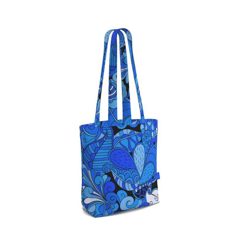Ima Everyday Large Cotton Tote - Blue Psychedelic Paisley Print Retro Bold Tangle Funky Vibrant Kaleidoscope Zen Handmade Bag 