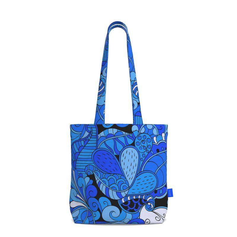 Ima Everyday Large Cotton Tote - Blue Psychedelic Paisley Print Retro Bold Tangle Funky Vibrant Kaleidoscope Zen Handmade Bag 
