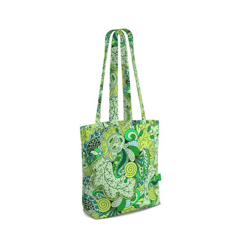Misa Everyday Large Cotton Tote - Green Abstract Paisley Print Psychedelic Tangle Floral Swirls Retro Zen Bold Vibrant Wild Funky Bespoke Handmade Shoulder Bag