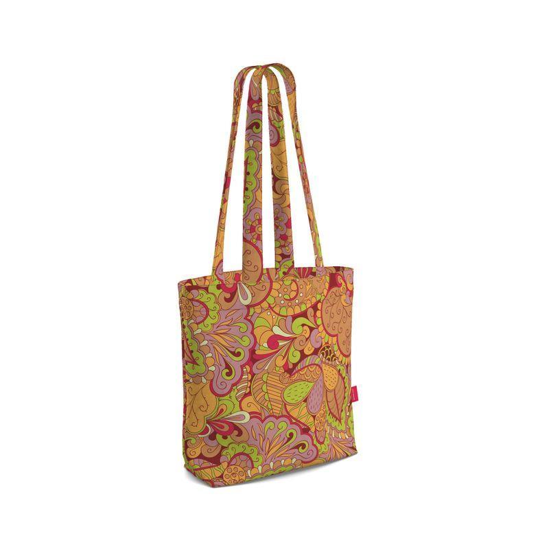Popsica Everyday Large Cotton Tote - Red & Green Abstract Paisley Flower Power Orange Psychedelic Carry All Bag Gusset All Over Print Retro Handmade Bespoke