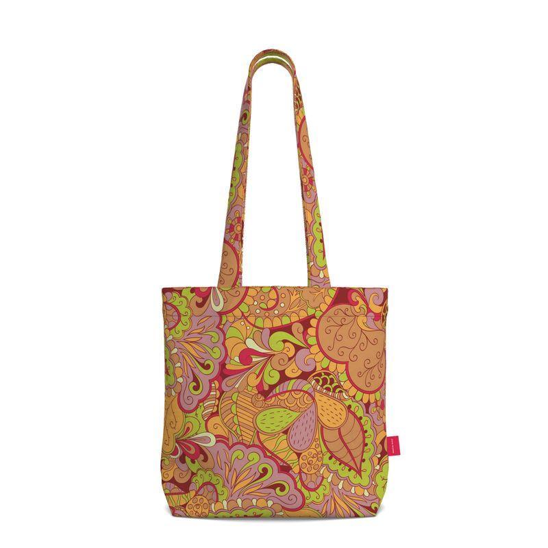 Popsica Everyday Large Cotton Tote - Red & Green Abstract Paisley Flower Power Orange Psychedelic Carry All Bag Gusset All Over Print Retro Handmade Bespoke