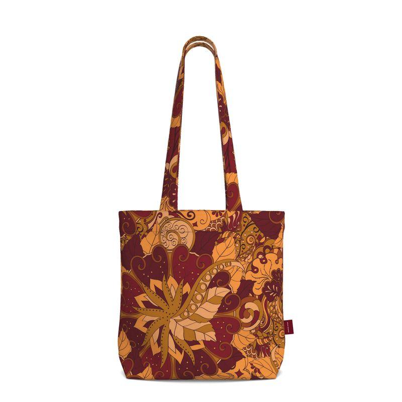 Renai Everyday Large Cotton Tote - Orange & Red Abstract Paisley Shopper Bag Retro Psychedelic Floral Bold Funky All Over Print Tangle Kaleidoscope Bespoke Handmade