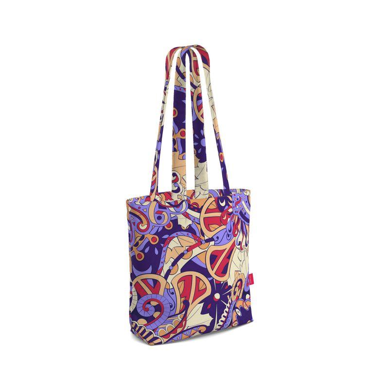 Sechie Everyday Large Cotton Tote - Blue Red Abstract Paisley Print Tangle Psychedelic Floral Swirls Bold Zen Funky Retro Wild Vibrant Shoulder Bag Handmad